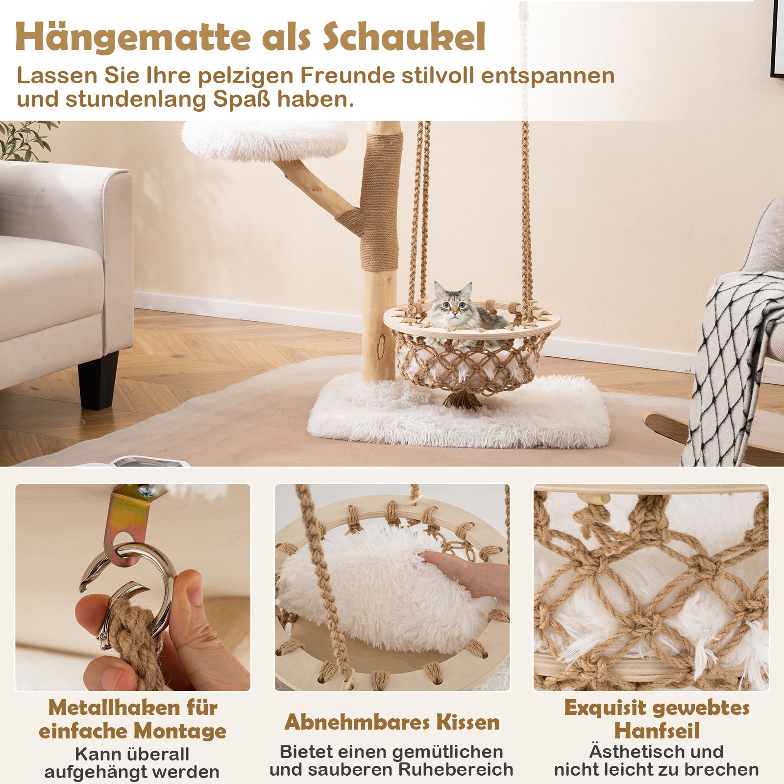 Massivholz-Kratzbaum mit Hängekorb - 123cm