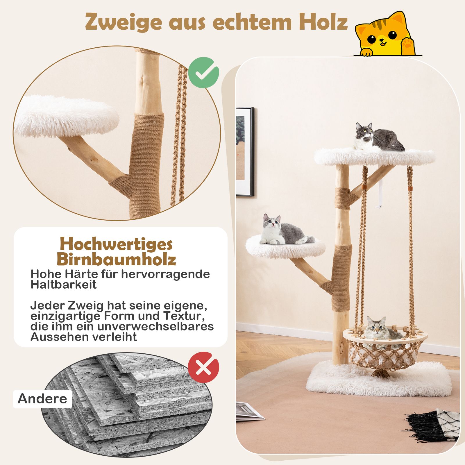 Massivholz-Kratzbaum mit Hängekorb - 123cm