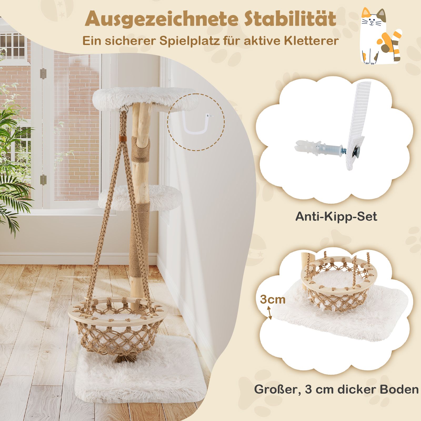 Massivholz-Kratzbaum mit Hängekorb - 123cm