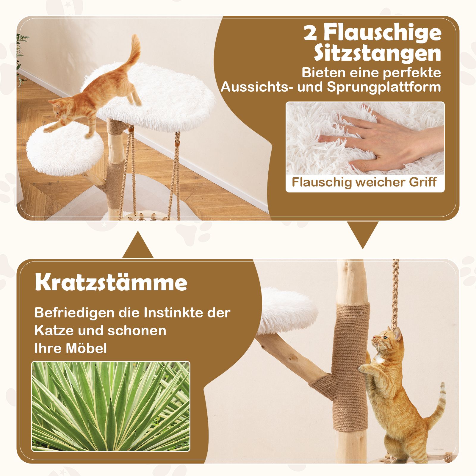 Massivholz-Kratzbaum mit Hängekorb - 123cm