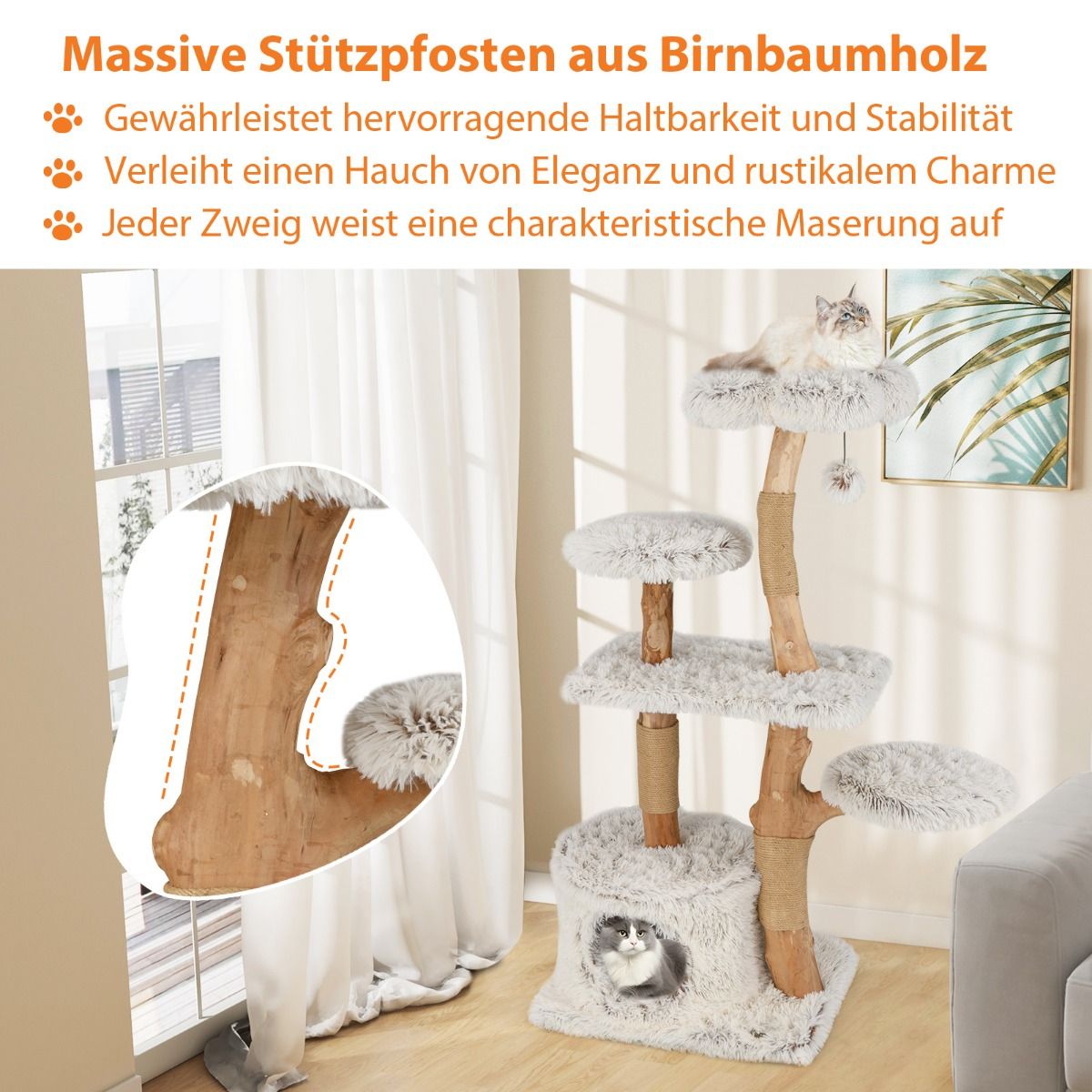 Massivholz-Kratzbaum Naturweiß - 135cm