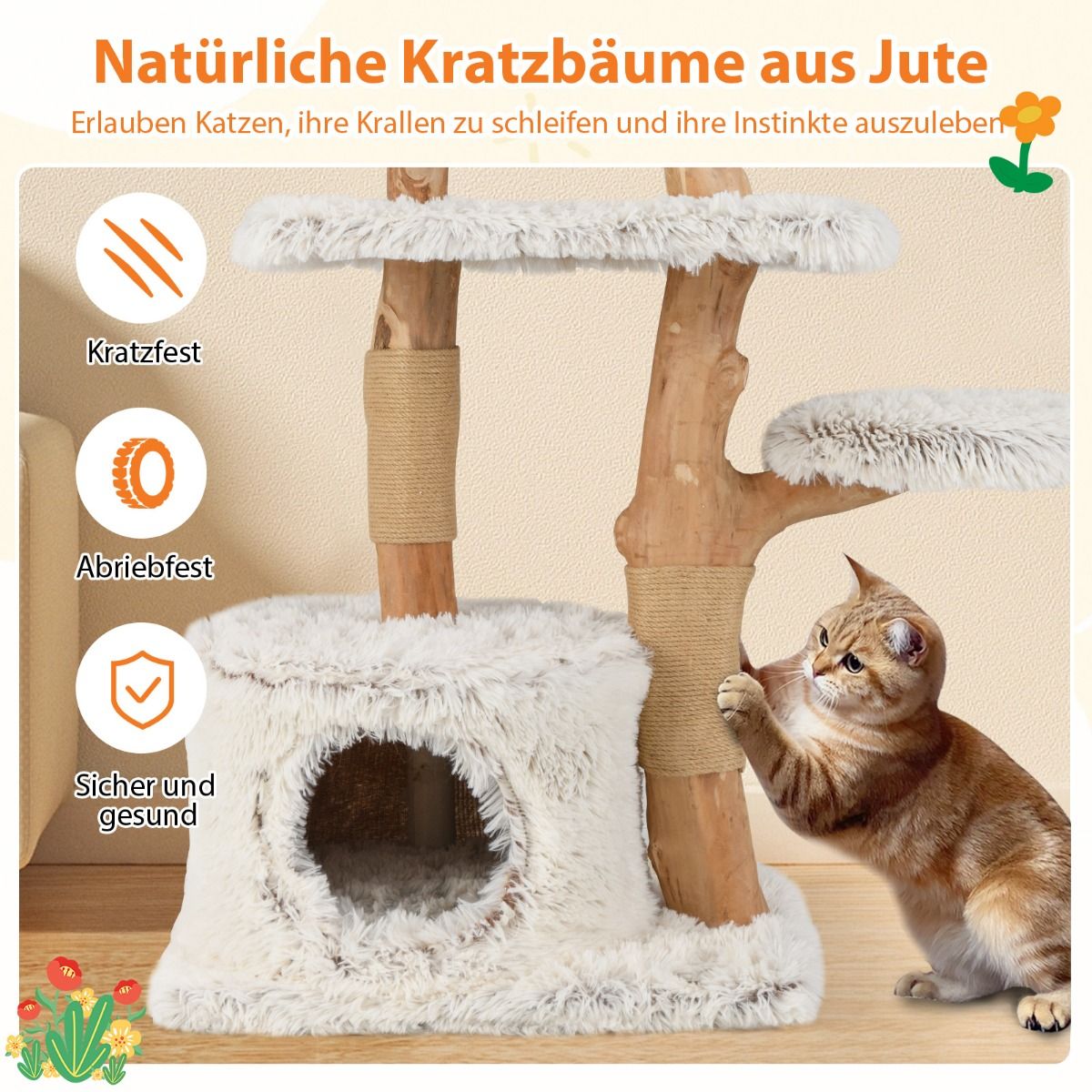 Massivholz-Kratzbaum Naturweiß - 135cm