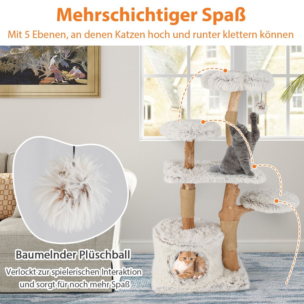 Massivholz-Kratzbaum Naturweiß - 135cm