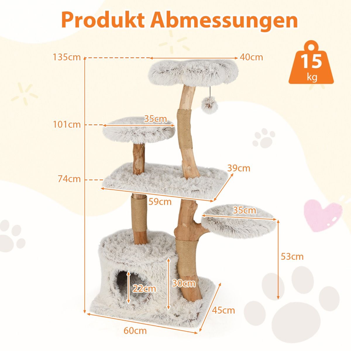 Massivholz-Kratzbaum Naturweiß - 135cm