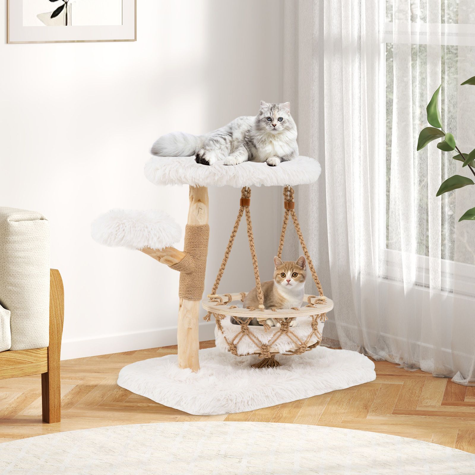 Massivholz-Kratzbaum mit Hängekorb - 66cm