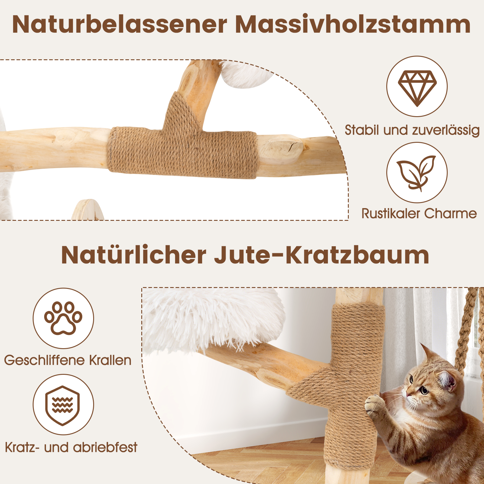 Massivholz-Kratzbaum mit Hängekorb - 66cm