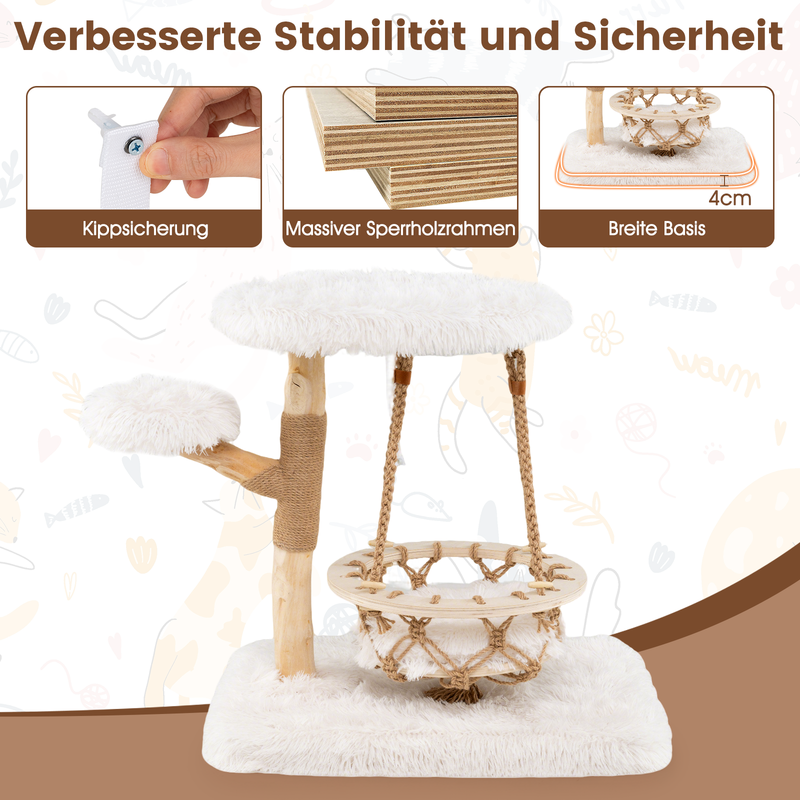 Massivholz-Kratzbaum mit Hängekorb - 66cm