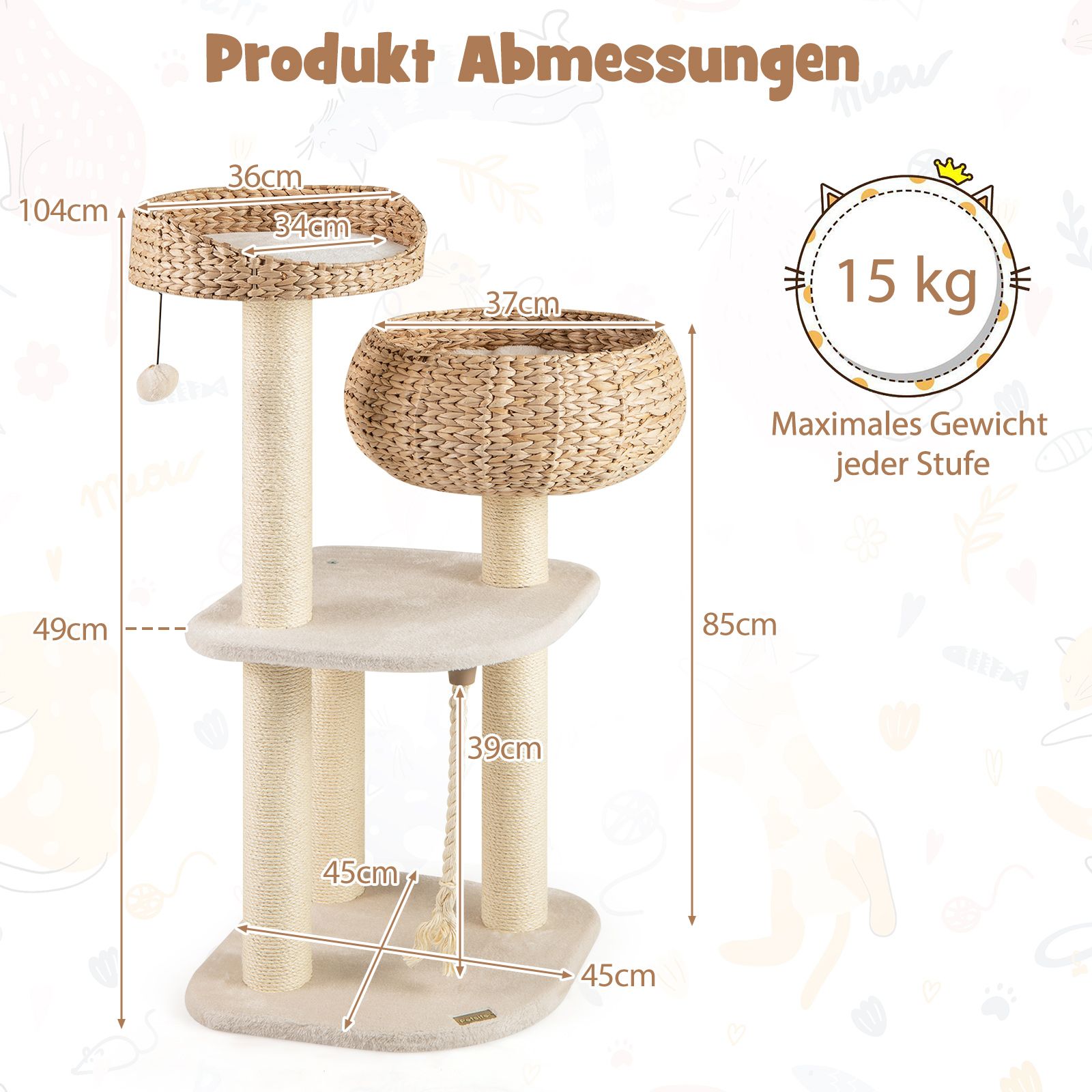 Kratzbaum mit Sisalpfählen & Körben in beige - 104cm