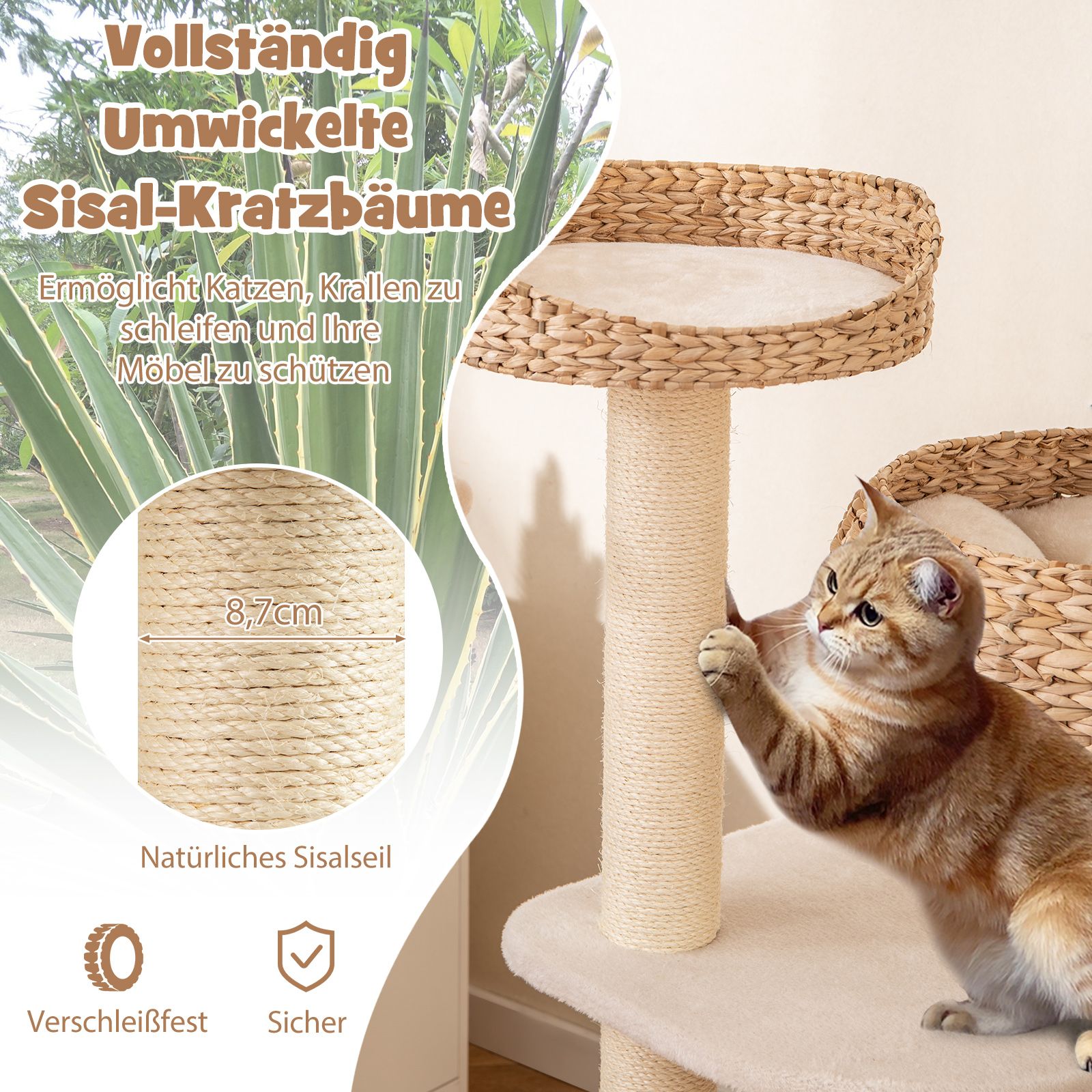 Kratzbaum mit Sisalpfählen & Körben in beige - 104cm