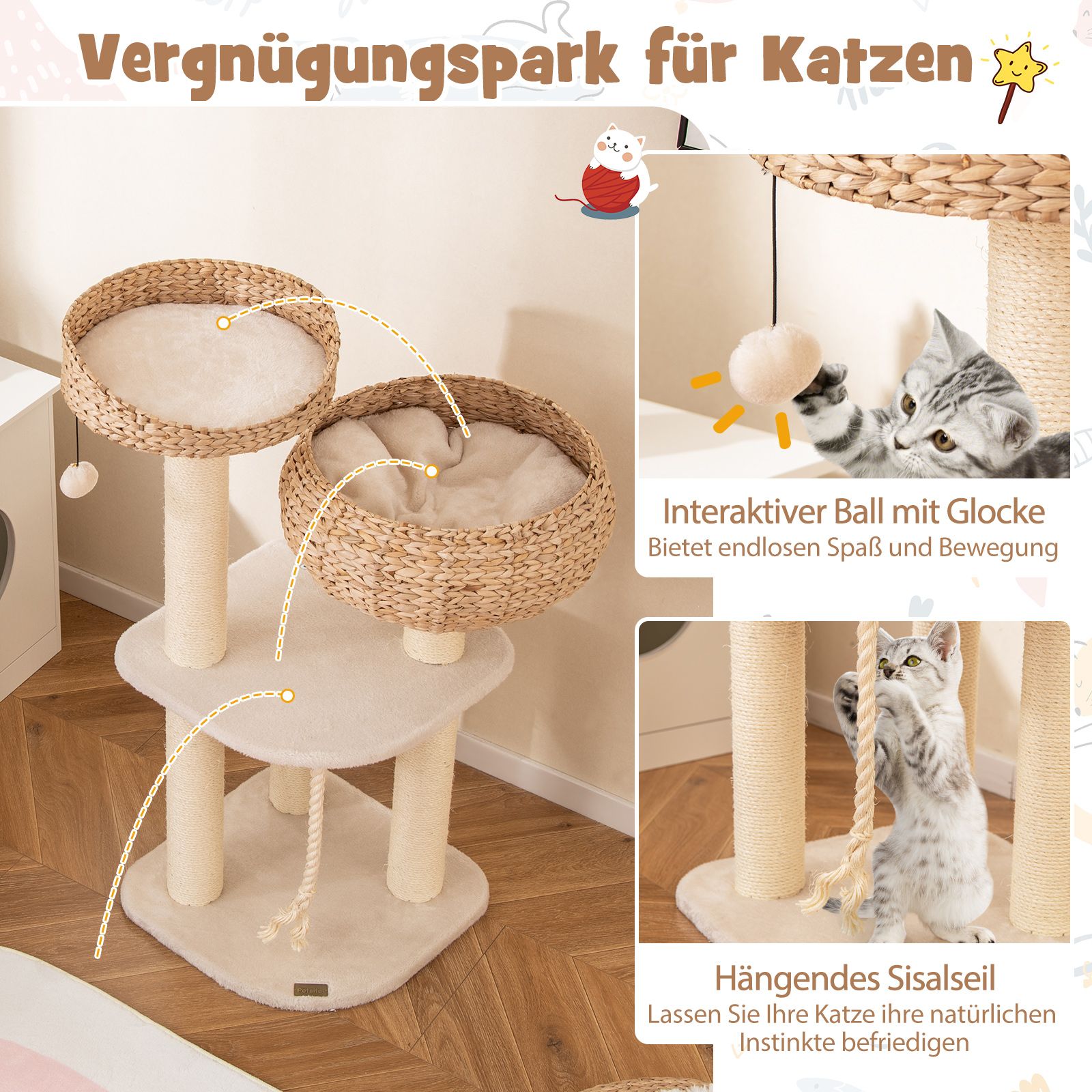 Kratzbaum mit Sisalpfählen & Körben in beige - 104cm