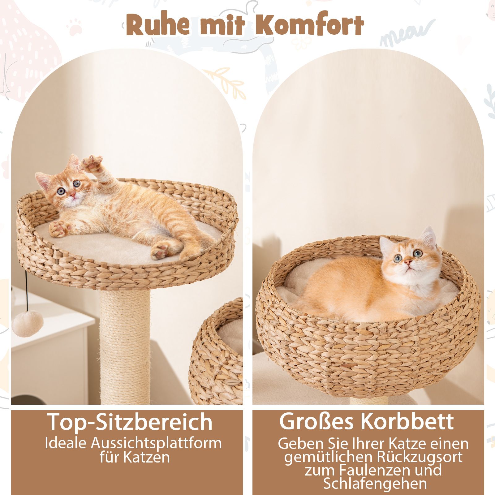 Kratzbaum mit Sisalpfählen & Körben in beige - 104cm